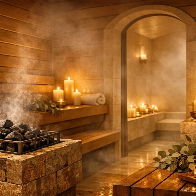 A warm hammam-style wellness room